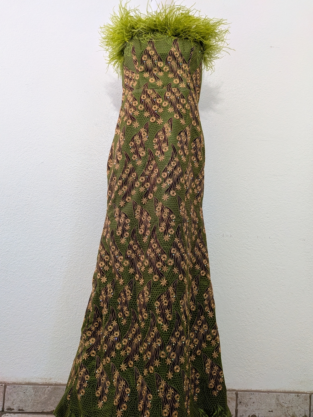 Strapless Olive Green Feather-Trim Mermaid Dress